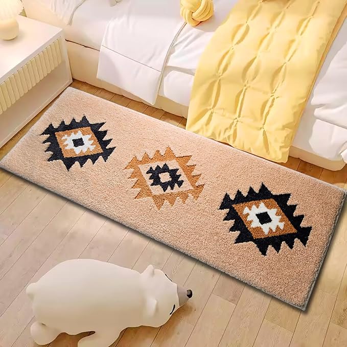 Boho Bathroom Rugs Runner 60x24 Inch Accent Long Non Slip Bohemian Area Runner Rug for Bathroom Tub Kitchen Entryway Laundry Bedroom Washable Bedside Rug Hallway Rug, Camel