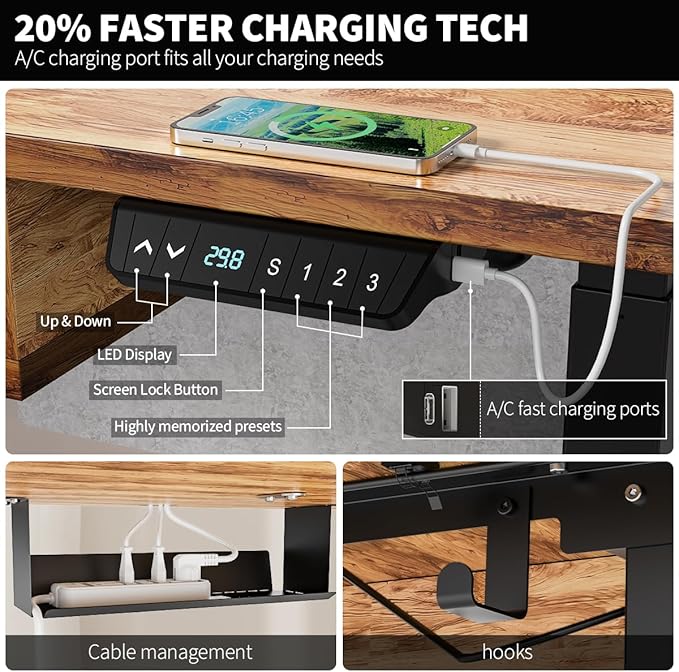 Kingant Standing Desk with Fast Charging USB Ports, 48" x 30" Height Adjustable Home Office & Gaming Desk, Sit Stand Desk with Built-in Storage Shelf, Hook & Ergonomic Design(Light Rustic)