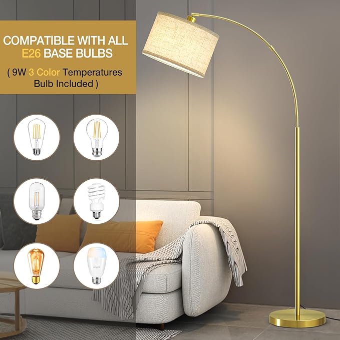 Luvkczc Arc Floor Lamp, 71" Tall Standing Lamp with On/Off Foot Switch, Gold Floor Lamp for Living Room with Adjustable Drum Lampshade, Over Couch Arched Reading Light for Reading, Bedroom, Office