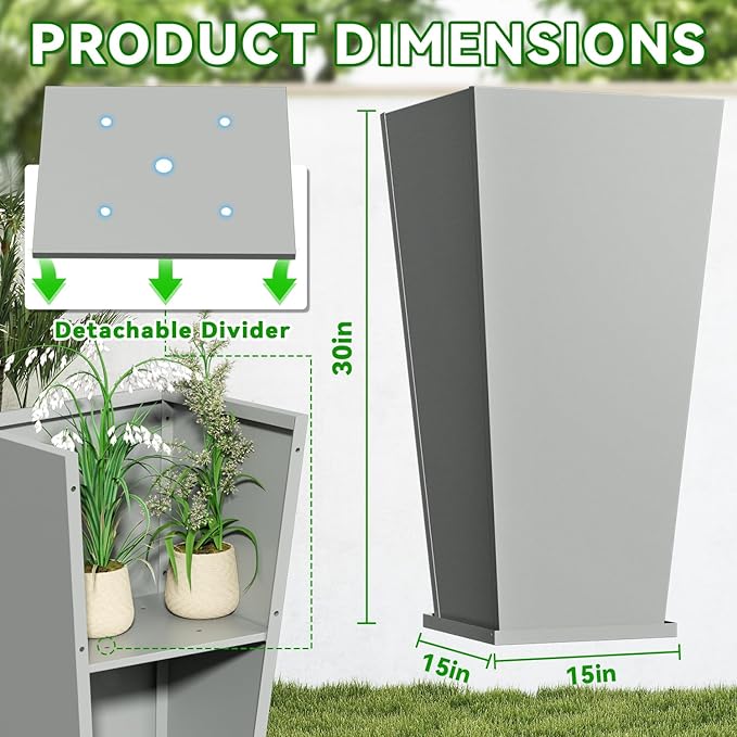 Metal Planter 2 Pack, 15L x 15W x 30H, Heavy Duty Tall Planters for Outdoor Plants, Planters with Removable Insert Shelf, Large Planters with Drainage Holes for Porch, Patio, Grey