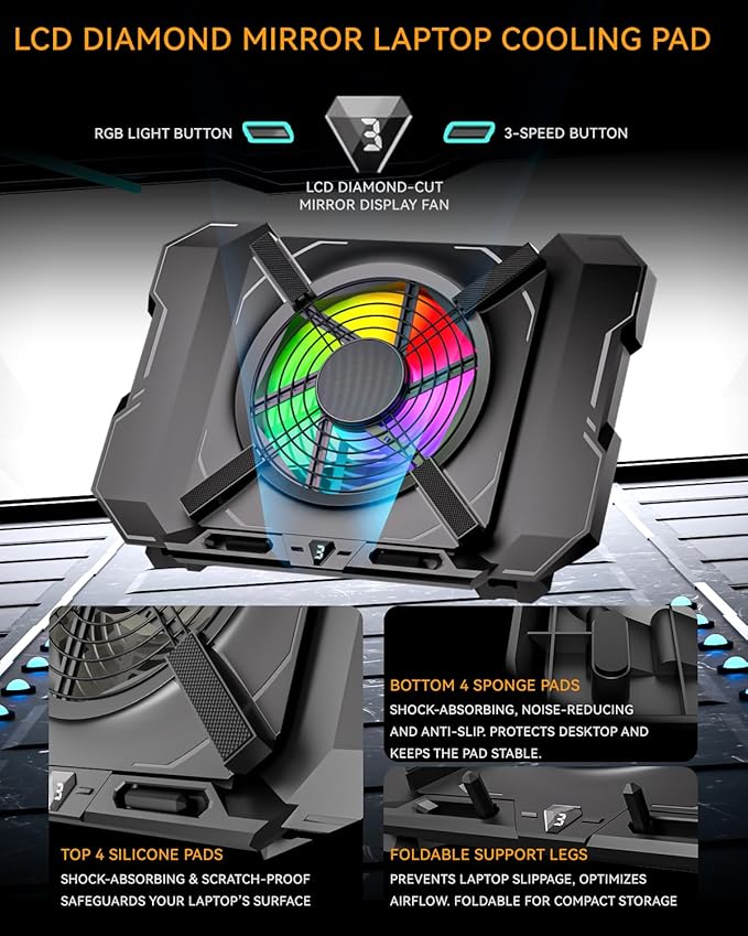 GSCOLER Laptop Cooling Pad, Gaming Laptop Cooler with 7.1 Inch Powerful Fan, RGB Lights & 3-Speed Fan Control & LCD Diamond Design, Height Adjustable Quiet Laptop Cooling Stand for 12"-21" Laptops etc