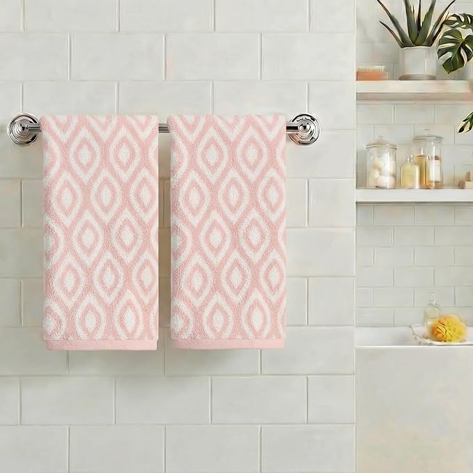 Artoid Mode 2 Pcs Beige Pink Diamond Grid Jacquard Hand Towels for Bathroom, 100% Cotton Soft Absorbent Bathroom Decor Towels, 13.7 x 29.5 Inch