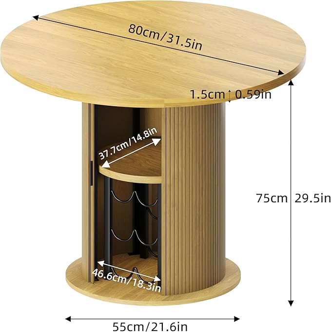 Wildhome Round Dining Table for 2-4, 31 Inch Dining Room Kitchen Table with 2-Tier Storage Shelf & Wine Rack, Modern Farmhouse Fluted Wood Slide Door Dinner Furniture,Circle(Non scalable-32 Inch-Oak)