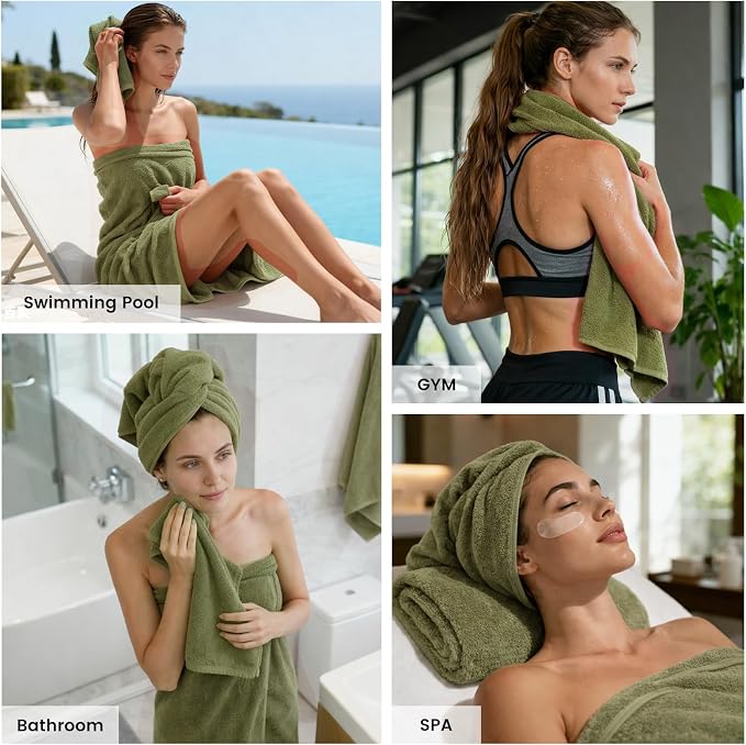 SEMAXE Bath Towel Set, 8 Piece Towel Set for Bathroom, Quick Dry Cotton Towels with Hanging Loops, Easy Care, Green