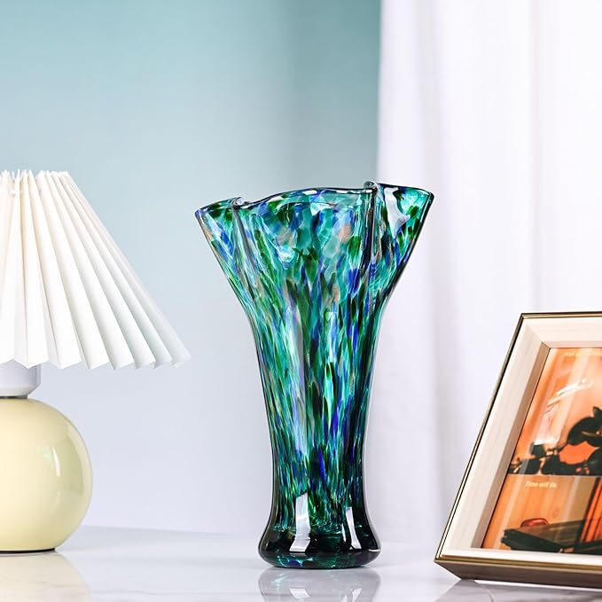 9.8" Tall Teal Blue Hand Blown Glass Vases for Home Decor,Modern Wide Mouth Ruffle Flower Vase Table Centerpieces,Colored Coastal Sea Glass Art for Bookshelf,Bathroom,Counterto,Wedding