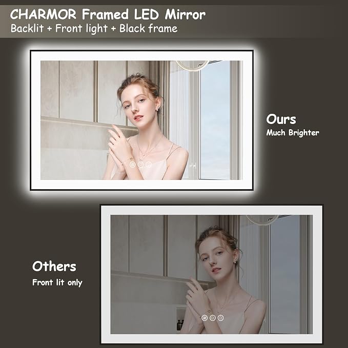 60x40 Framed LED Bathroom Mirror, Large Dimmable Vanity Mirror with Lights, Anti-Fog, Shatterproof, Memory (Backlit and Front Lighted)