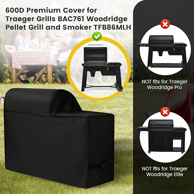 All Weather Grill Cover for BAC761 Traeger Woodridge Grill and TFB86MLH Accessory Replacement, Full-Length Heavy Duty 600D Oxford Fabric Waterproof Weather-Resistant Polyester Traeger Grills Cover