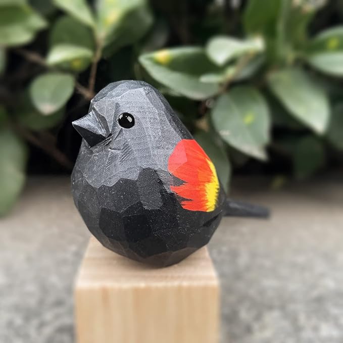Bird Figurines Hand Carved Painted Wooden Statues for Home Decor, Gift for Bird Lovers,Housewarming, Birthday, Christmas, Anniversaries (NO.21-Red-Winged Blackbird)