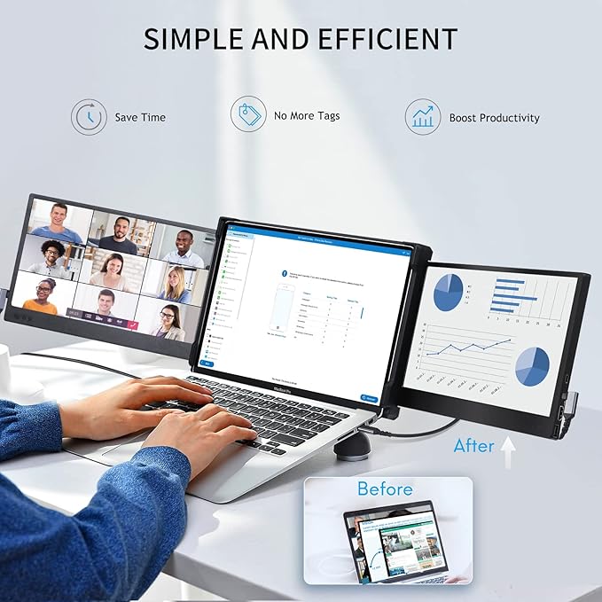 P2 Triple Portable Monitor for Laptop Screen Extender 12 Inch Dual Monitors Extender FHD 1080P IPS Display Type-C/HDMI/USB-A/Speakers for 13-16 Inch Notebook Computer Windows Mac Phone