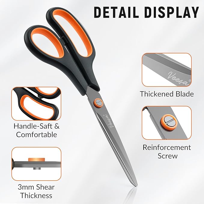 Scissors, 3-Pack Titanium Coated Non-Stick Scissors (8.5’’, 7.5’’, 5.5’’), Comfort Grip, All-Purpose Cutting Tools for Office, Craft, Sewing