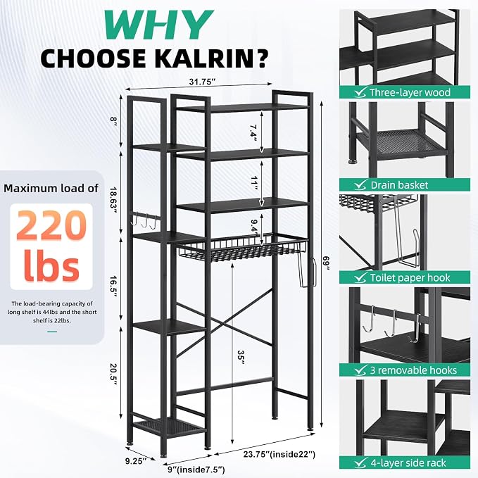 Kalrin 8-Tier Over The Toilet Storage with Side Rack, Over Toilet Storage Rack with Adjustable Shelf & Drain Basket, Freestanding Bathroom Organizer for Balcony, Laundry (Pure Black)