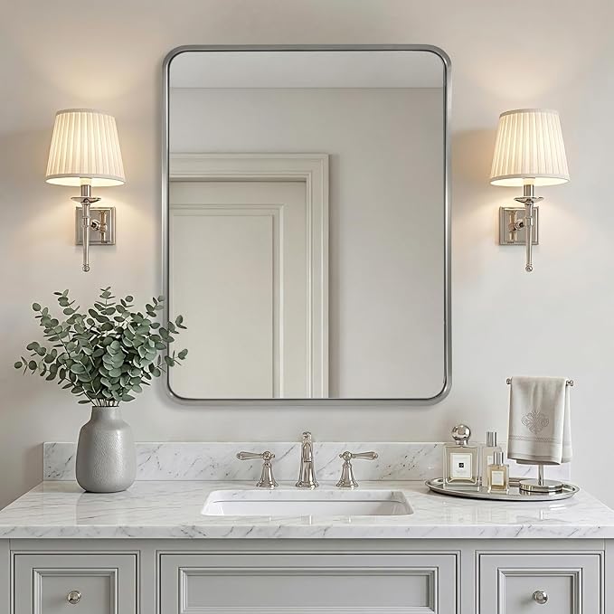 ANDY STAR 24x30'' Brushed Nickel Bathroom Vanity Mirror Over Sinks, Rounded Rectangle Bathroom Wall Mirror in 1'' Seamless Tube Metal Frame,SUS304-Anti-Rust, Wall-Mounted Horizontal/Vertical