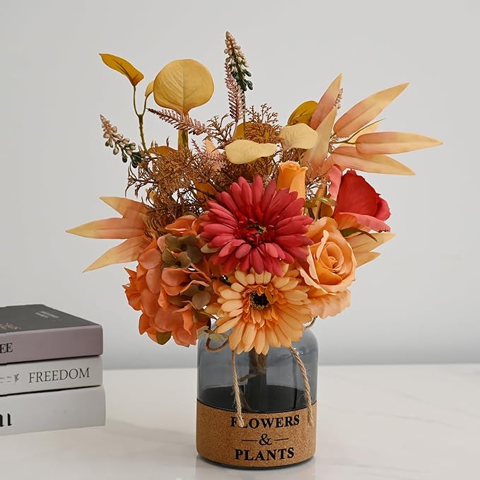 LADADA Artificial Flower in Glass Vase,Fall Silk Flower Arrangements,Fall Centerpieces for Tables,Artificial Flowers for Autumn Decor,Thanksgiving Party Table Rustic Wedding（Orange-Yellow）