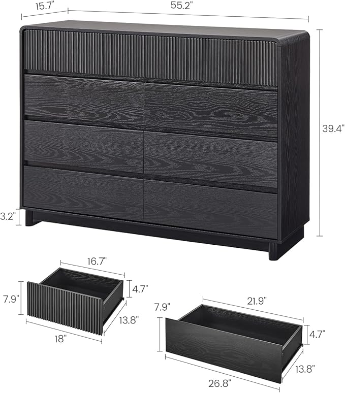 AOGLLATI Modern Wood 9 Drawer Dresser for Bedroom, 55" Long Fluted Double Dressers & Chests of Drawers with Curved Profile Design for Bedroom,Black