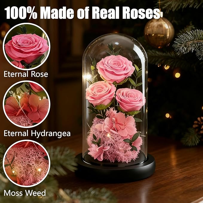 Birthday Gifts for Women Mom Fresh Flowers for Delivery Prime Forever Preserved Rose in Glass Dome Gifts for Her Girlfriend Grandma Daughter Wife Valentines Mothers Day Christmas Anniversary-Pink