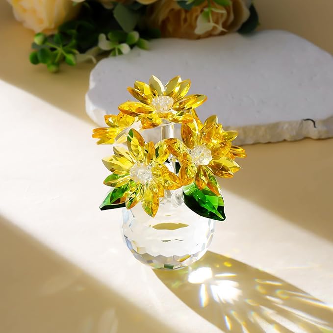 YWHL Handmade Yellow Crystal Flower Figurine with Base, Beautiful Glass Flower Gifts for Women, Flower Collectible Figurines Decoration for Christmas, Valentine's Day, Wedding (Yellow)