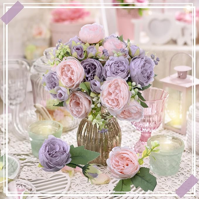 16 Bundles Artificial Peonies Silk Peonies Faux Flower Bouquet Fake Peony Flower Arrangements Table Centerpieces for Vase Wedding Party Boho Home Office Decoration Bulk (Pink, Purple)