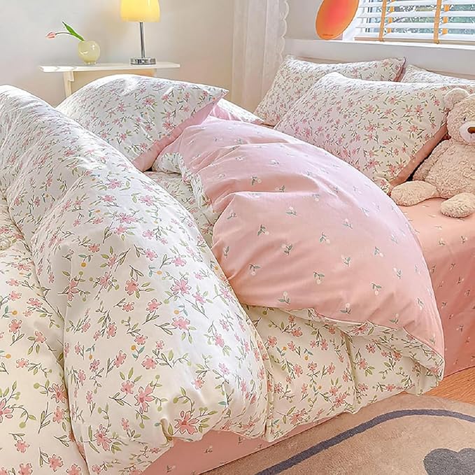 Pink Floral Duvet Cover Full Size 100% Cotton Chic Flower Botanical Duvet Cover Garden Style Girls Floral Comforter Cover with Zipper Closure Vintage Floral Cottagecore Bedding Set with 2 Pillowcases