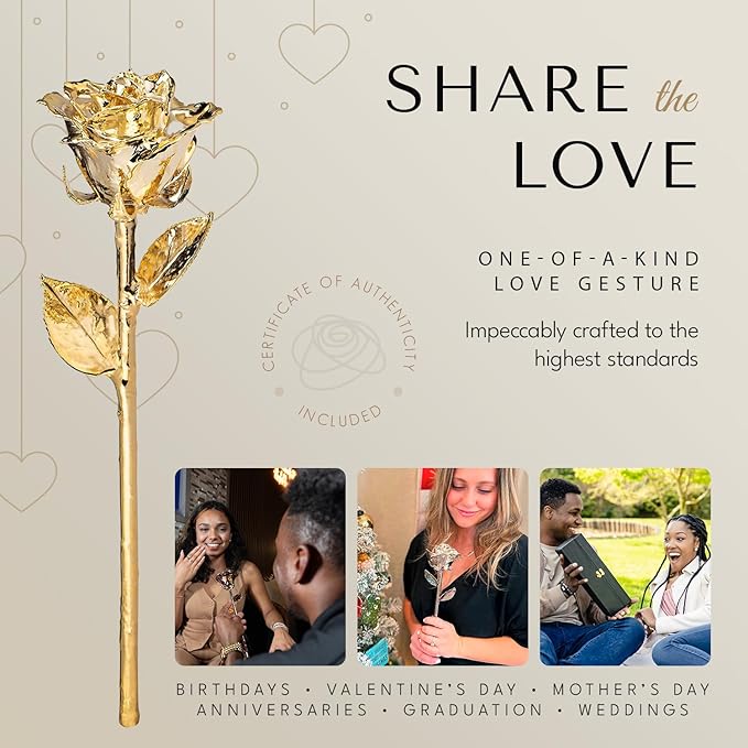 Forever Rose Enchanted Preserved with Real 24K Gold Rose Lasts Forever | Includes Wood Base & Glass Dome | 24K Gold Dipped Rose Assembled by Hand in The USA | Romantic Gifts for Women