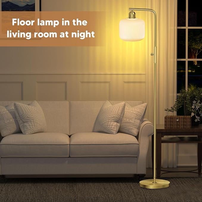 Glass Floor Lamp for Living Room, Modern Standing Lamp with White Glass Lampshade & Brushed Gold, Stepless Dimmable and Rotary Switch, 66” Tall Lamp & White Floor Lamp for Bedroom Study Room