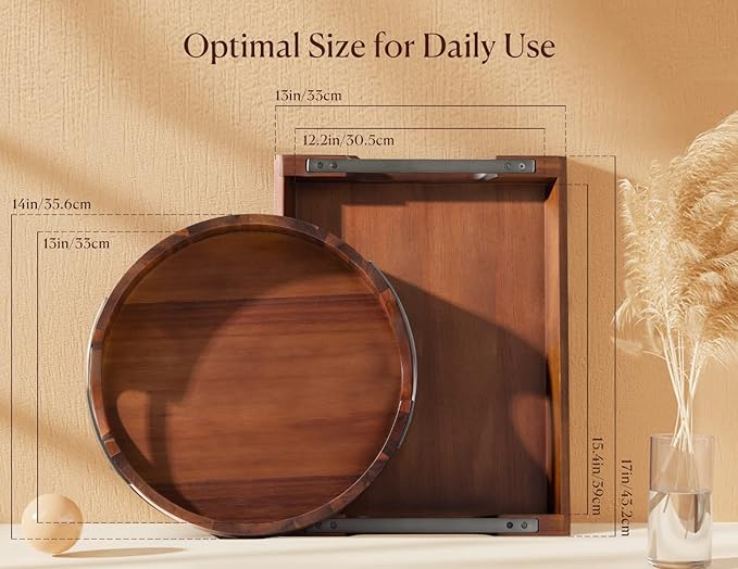Acacia Wood Serving Tray with Metal Handles, 17x13in Food Drinks Tray for Coffee Table, Breakfast, Dinner & Bar, Rustic Decorative Storage Tray for Ottoman, Kitchen, Elegent Gift for Father