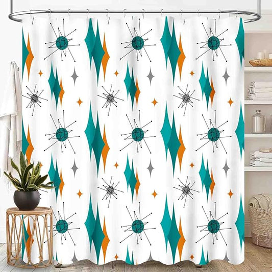Mid Century Modern Shower Curtain for Bathroom, Teal Orange Geometric Atomic Abstract Pattern 1950s 1960s Retro Vintage Style Waterproof Fabric Shower Curtain Set with Hooks, 72"x84" Inch