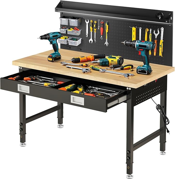 48" Adjustable Work Bench with Drawers, Workbench for Garage with Strip Light, Work Table with Large Pegboard, 2000 LBS Heavy Duty Table with Power Outlet Rubber Wood for Office, Workshop