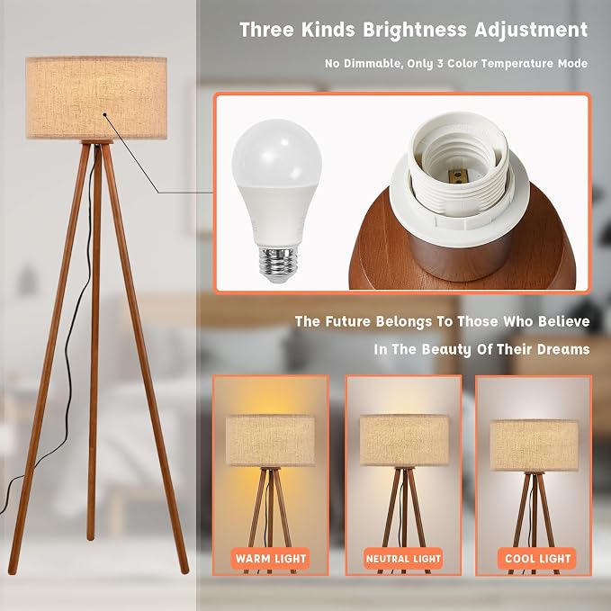 Wood Tripod Floor Lamp for Bedroom, Farmhouse Wooden Floor lamp with 3 Color Temparature LED Bulb for Living Room, Office, Footswitch,ETL Listed/Brown Wood Color