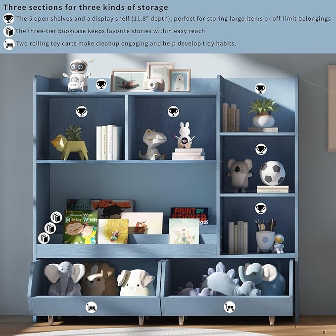Bookshelf Toy Storage Organizer, Kids Bookshelf and Cabinet for Boys and Girls, Muti-Functional Kids Display Bookcase and Storage Bin with Moveable Drawers for Children Nursery Room