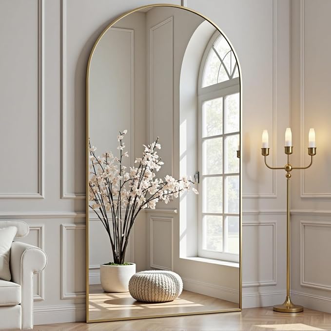 Dewfig 71"X26" Arched Full Length Mirror, Free Standing Leaning or Wall-Mounted Mirror, Aluminum Frame Modern Mirrors for Living Room, Bedroom, Cloakroom, Gold