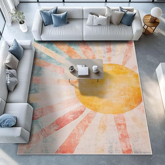 8x10 Boho Sun Area Rug Retro Orange Yellow Blue Beige Bedroom Rug Low Pile Thin Large Carpet Living Room Non Slip Dining Room Stain Resistant Office Washable Machine Classroom