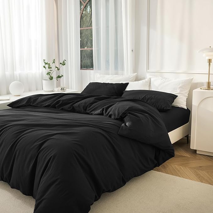 JIYUAN 100% Washed Cotton Duvet Cover Set 2 Pieces Twin, 1 Duvet Cover 68x90 Inches(Comforter Not Included) and 1 Pillowcases,Linen Feel Bedding Set Comfy and Breathable,Black