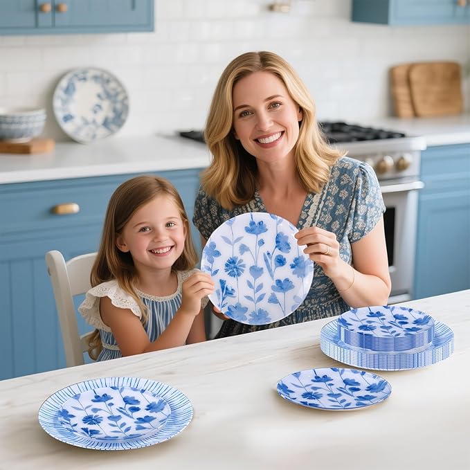 U-QE 20Pcs Blue Plastic Plates - Botanical Stripes Hanukkah Plates Disposable Heavy Duty, Fancy Floral Pattern Perfect for Hanukkah, Tea Parties, Holidays - 10.25" Dinner & 7.5" Dessert Plate