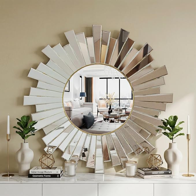 CozyDH Large Round Gold Sunburst Mirror - 26"x26" Starburst Mirror for Wall Decorative Glass Frame Boho Sun Mirrors Wall Art for Entryway Bedroom Living Room Hallway Bathroom Dining Room