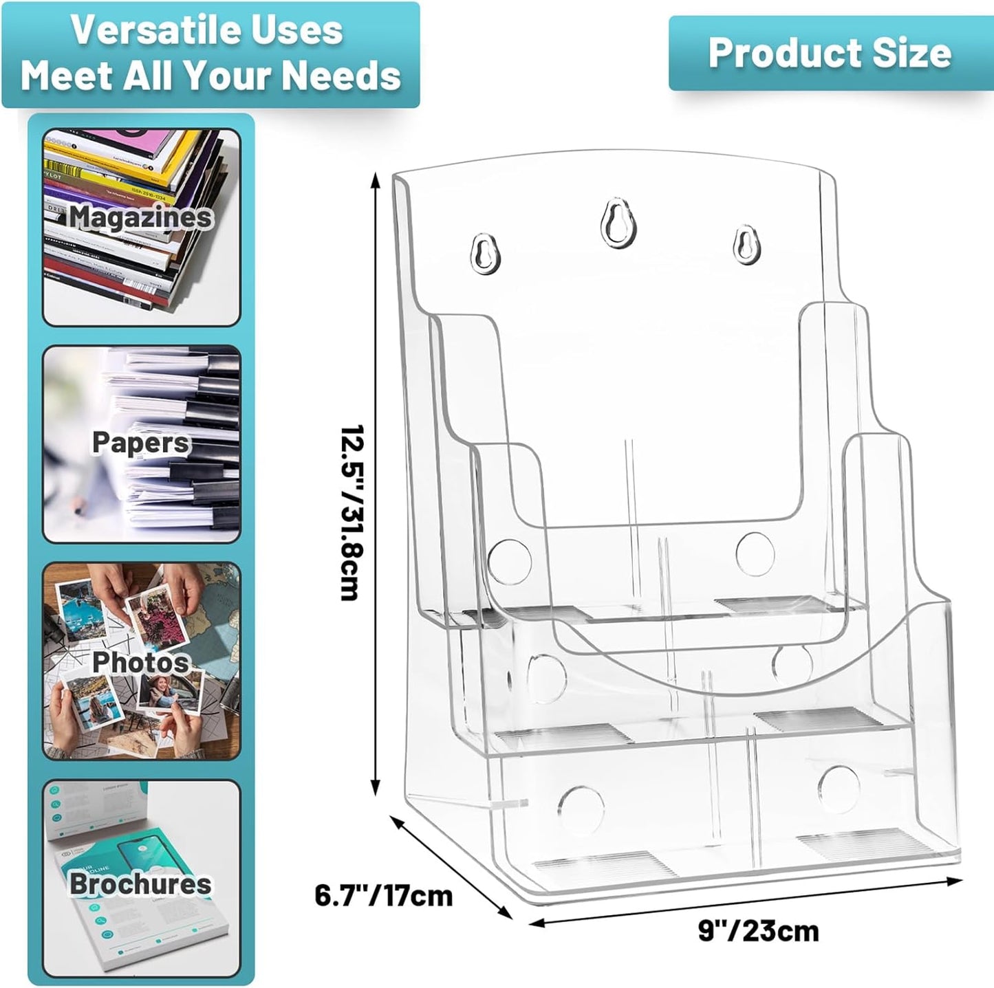 Viymgit Acrylic Brochure Holder - 3-Tier Clear Display Stand for 8.5 x 11 Inches | Wall Mount & Countertop Organizer