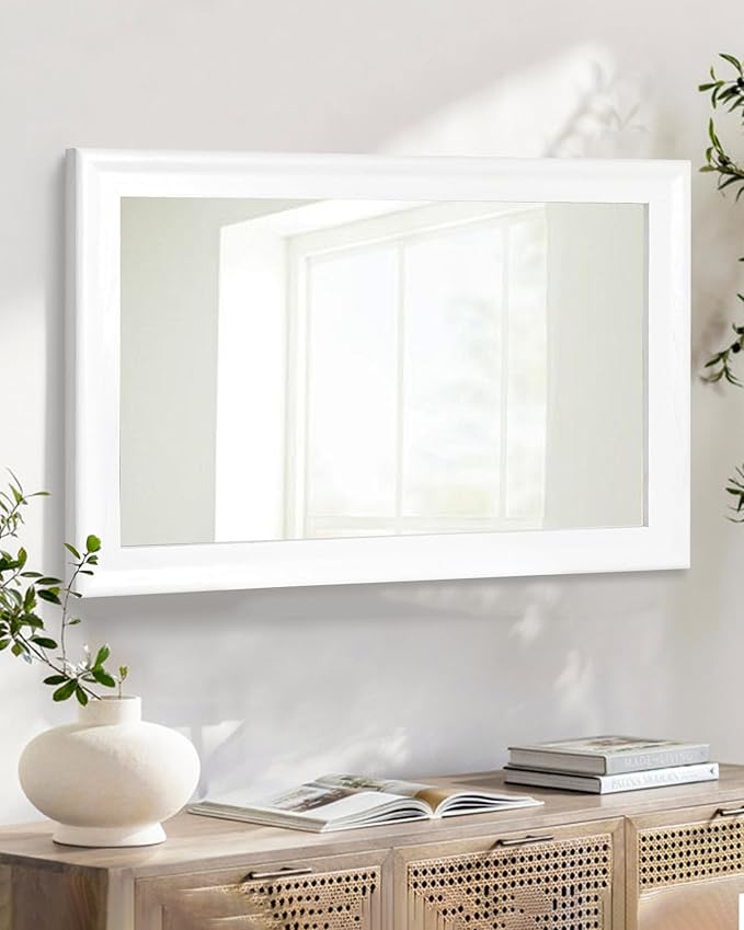 CULER White Wood Wall Mirror for Bathroom,Rectangle 20 x 30 inch Hanging Vanity Mirrors with Wooden Frame for Living Room,Bedroom,Entryway