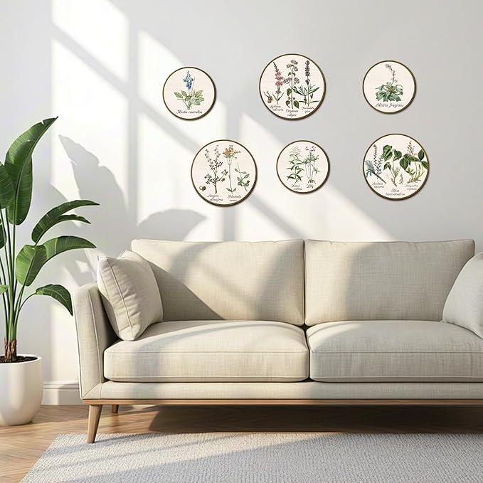 TOARTi 6pcs Boho Plant Wall Art Set(9.9”x3/7.9”x3), Minimalist Green Botanical Round Wooden Sign Vintage Plant Herbs Wall Decor Farmhouse Natural Botanical Wall Hanging for Living Room Bedroom