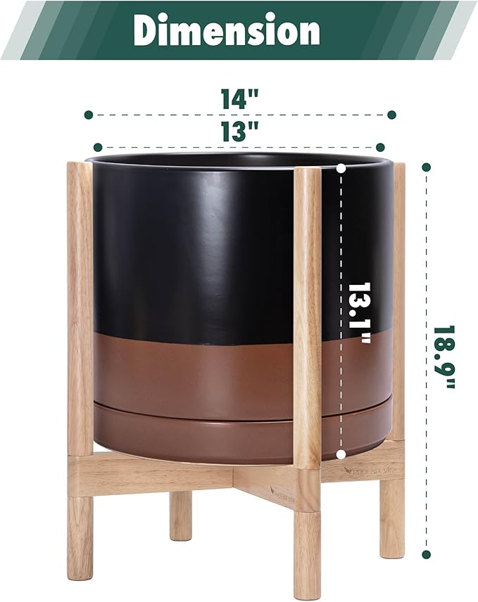 D'vine Dev Ceramic Planter with Natural Stand - 14 Inch Modern Round Flower Pot with Wood Planter Holder, Black/Speckled Tan, 55-B-R-7