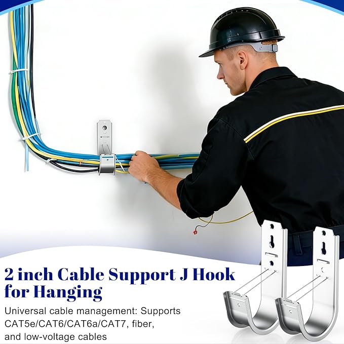 ForoGore 100 Pack 2 Inch J Hook Wall Mount J Hook with Retainer Clip Galvanized Steel Wall Cable Hooks Smooth Round Edge J Hook for Hanging Wire Cable Management & Organization Solution