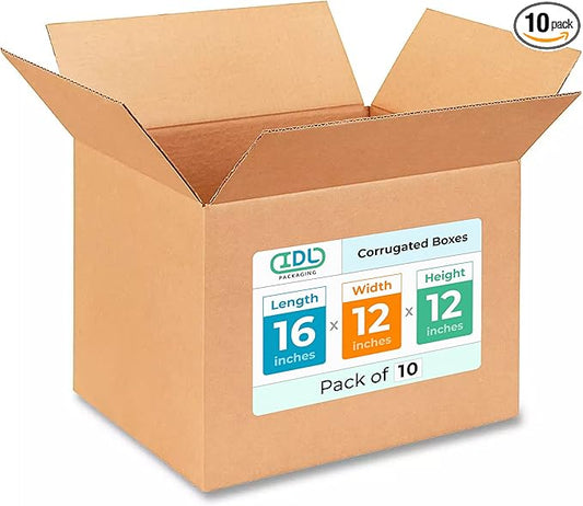 Medium Shipping & Moving Boxes 16x12x12 inches (10-Pack) - Extra Strength 200 lb vs Regular - Corrugated Boxes for Packaging Moving and Delivering - Square Box by IDL Packaging