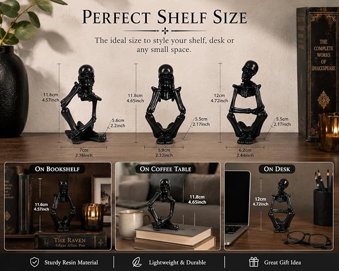 Black Skeleton Decor Set of 3, Thinker Skeleton Figurines for Home Decor, Gothic Shelf Decor Aesthetic, Resin Halloween Decorations for Bookshelf, Desk, Coffee Table