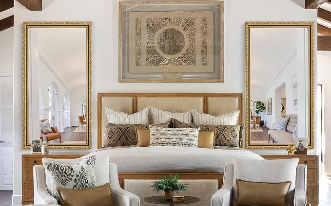 Large Vintage Decorative Mirror for Wall, 52'' x 28'' Gold Antiuqe Living Room Mirror with Black Gold Frame, Traditional Vintage Gold Wooden Mirrors, Horizontal/Vertical