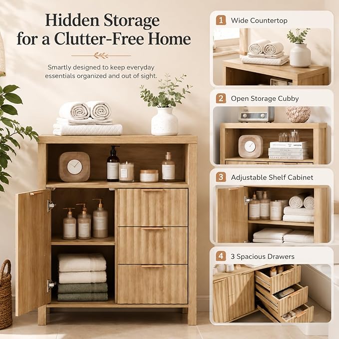 VINGLI Bathroom Storage Cabinet with 3 Drawers & Door, Slim Freestanding Floor Cabinet Organizer for Small Spaces, 30mm Thick-Look Top & Legs, Adjustable Shelf, Modern Fluted Cabinet, Natural Oak