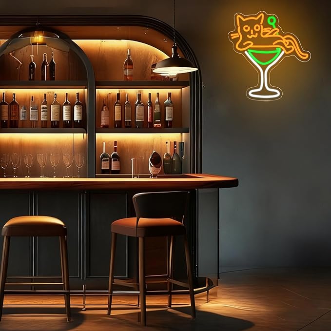 Cat Martini Neon Sign Cat LED Wall Light Yellow Animal Neon Lights for Bar Dimmable Cocktail LED Neon Signs for Kitchen, Home Decor, Cocktail Lounge, Cat Lover Gift