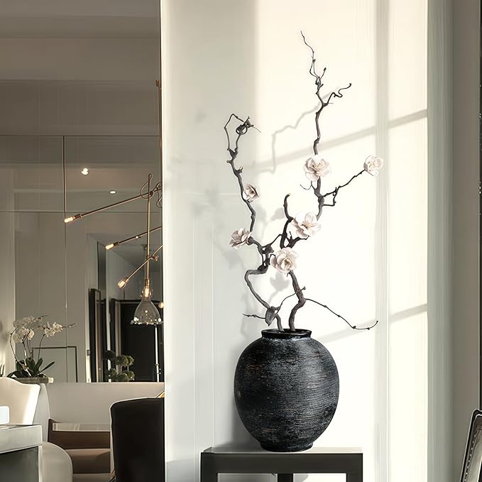 Black Round Ceramic Vase, 9.8 inch Large Textured Flower Vase,Minimalist Rustic Farmhouse Decor for Home, Living Room, Shelf, Table, Bathroom & Entryway Decoration (Black Bronze)