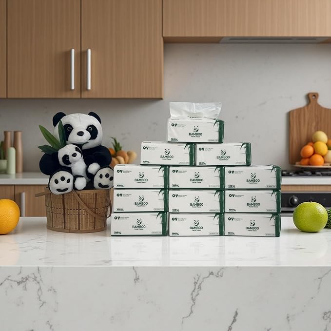 Soft Durable Bamboo Facial Tissues - 3 Ply bleached Facial Paper Dry or Wet Use 12 Packs(150 Tissue per Pack, 1800 Tissues Total）