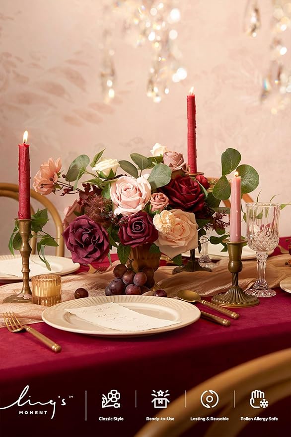 Ling's moment Wedding Centerpiece Flower with Vase for Ceremony/Reception Tabletop Mantel Archway Aisle, Set of 2 | Romantic Marsala