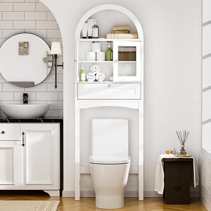 Spurgehom Over The Toilet Storage Cabinet, Bathroom Shelf Organizer Freestanding, Bathroom Arch Cabinet Over Toilet with Glass Door and Anti-Tipping Device, White
