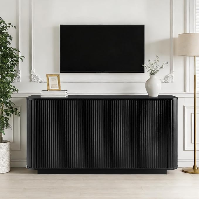 64" Sideboard Buffet Cabinet with Storage, Modern Fluted Accent Credenza with Adjustable Shelves, Wood Media Console Coffee Bar Table for Living Room Kitchen Dining Room, 31.5" H, Black