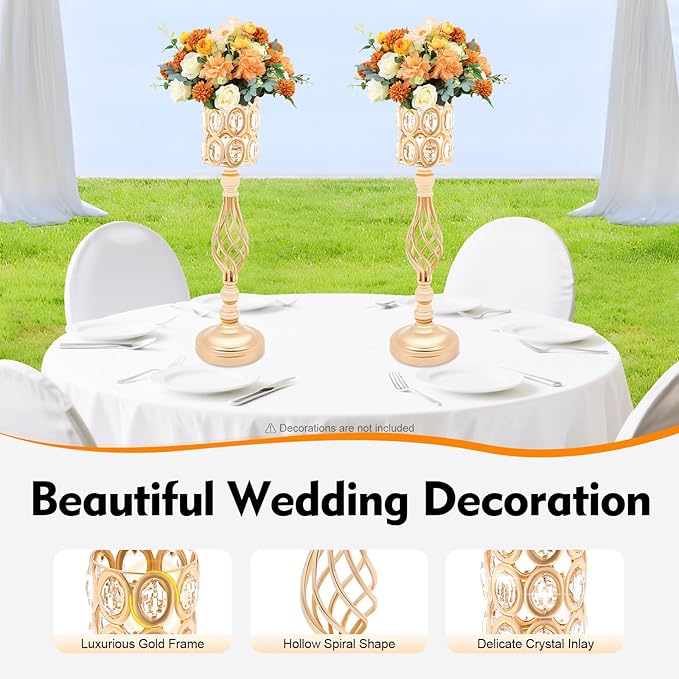 Crystal Wedding Flower Stand, 10pcs 24" Tall Metal Wedding Centerpiece Vase with Eva Pad, Gold Flower Holder Flower Vase Display Rack Centerpiece Decor for Outdoor Wedding Holiday Special Events Etc